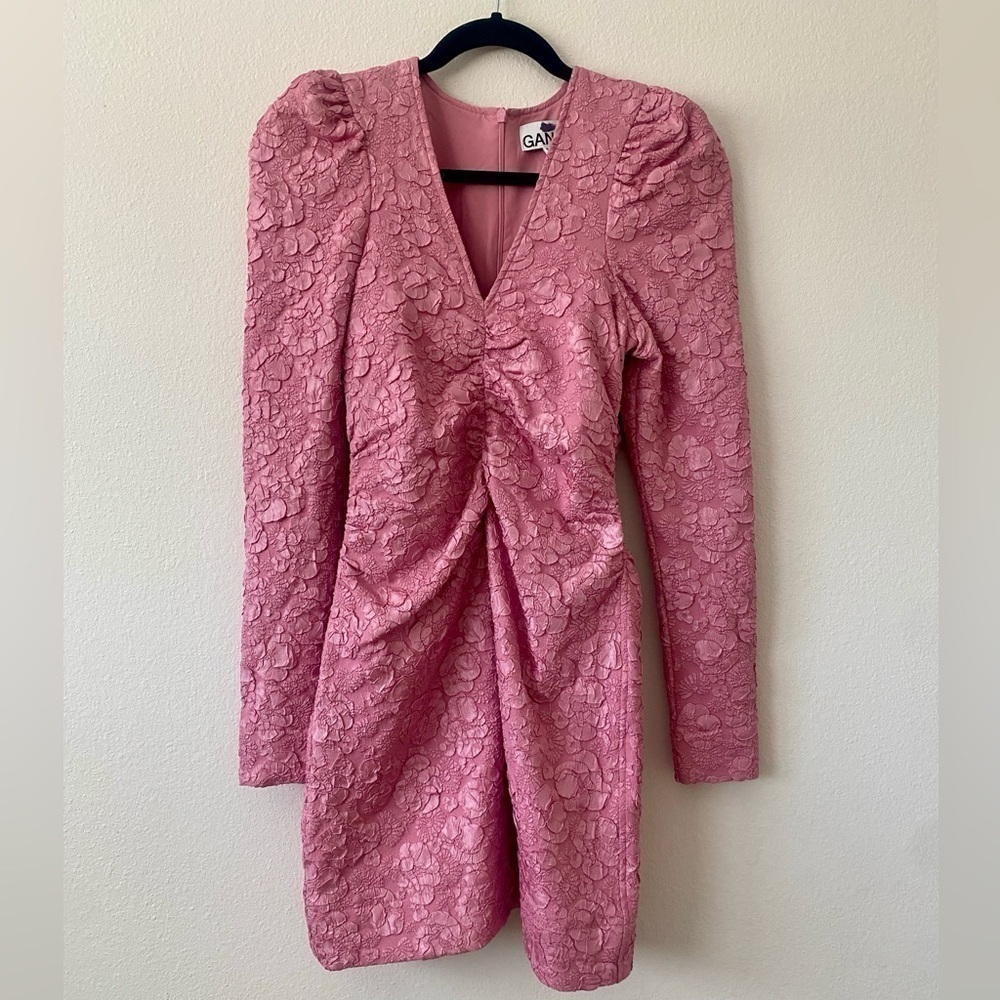 Ganni Stretch Jacquard V Neck Mini Dress Orchid Smoke Puff Sleeve Pink Y2K - Picture 2 of 6